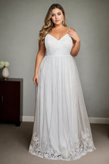 Plus Size White Lace Sleeveless Gown - front view