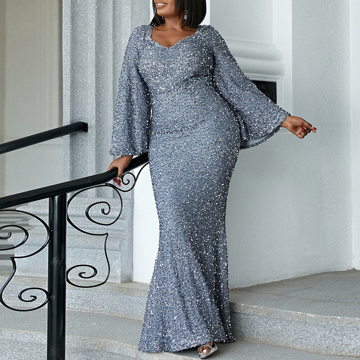 Plus Size Silver Long Sleeve Gown Hello Curve